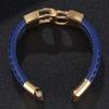 Punk Men Blue Leather Bracelet Stainless Steel Charm Bangles Gold Colour Handcuffs Fashion Jewelry Wristband BB0743