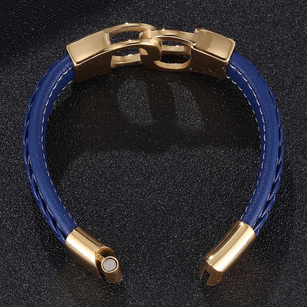 Punk Men Blue Leather Bracelet Stainless Steel Charm Bangles Gold Colour Handcuffs Fashion Jewelry Wristband BB0743