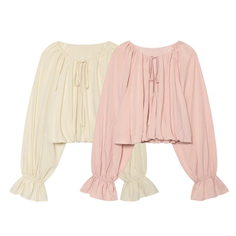 Womens Loose Fit Short Cropped Blouse With Ruched Lantern Sleeves Pure Color Office Chic Top