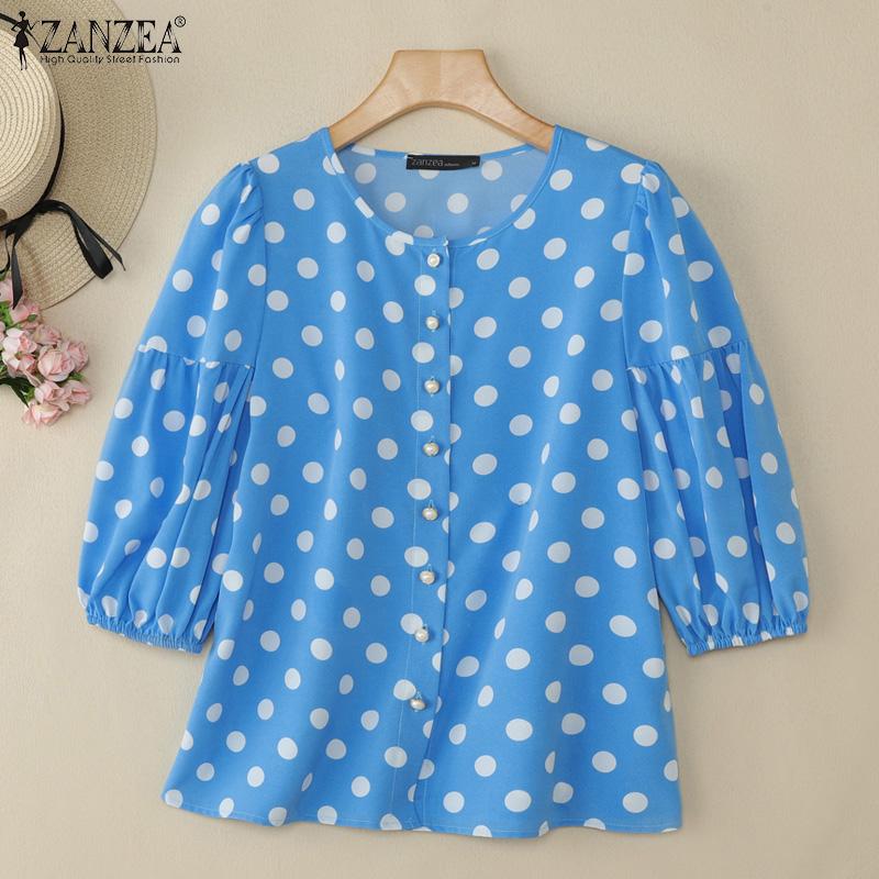ZANZEA Women Casual V-Neck Loose Polka Dot Print 3/4 Sleeve Blouse
