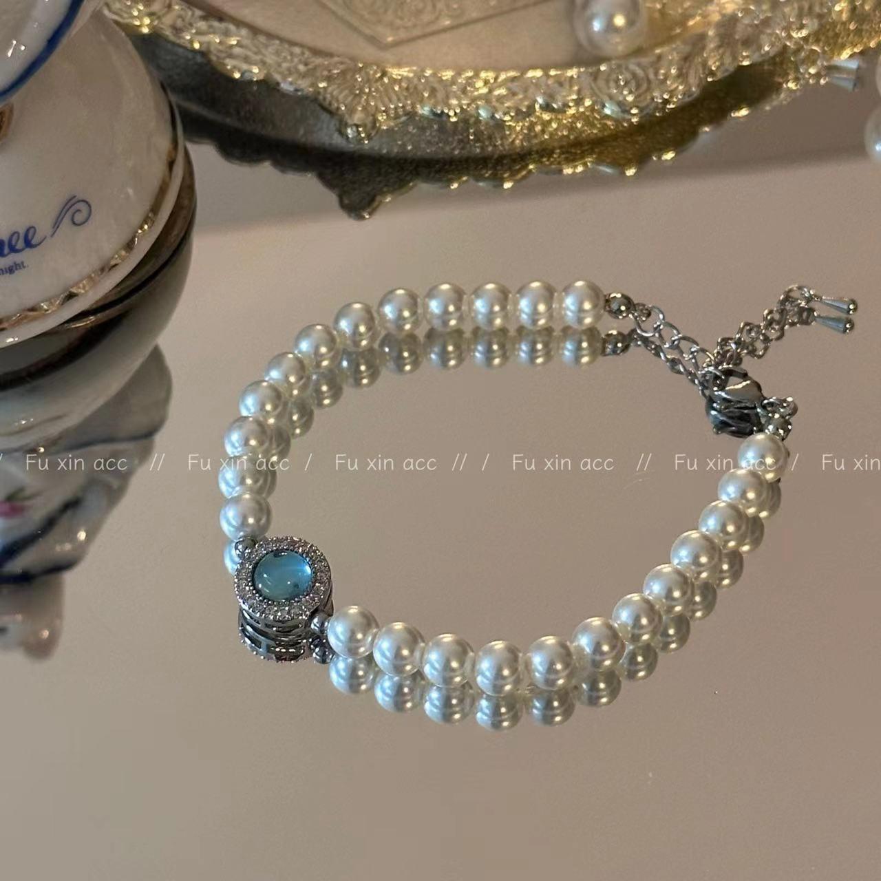 

Aquamarine Pearl Necklace & Bracelet Set - Elegant Silver Clavicle Chain with Niche Luxury Style