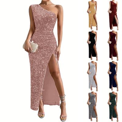 Women's Fashion Sexy Sequin One-shoulder Sleeveless Slit Solid Color Dress