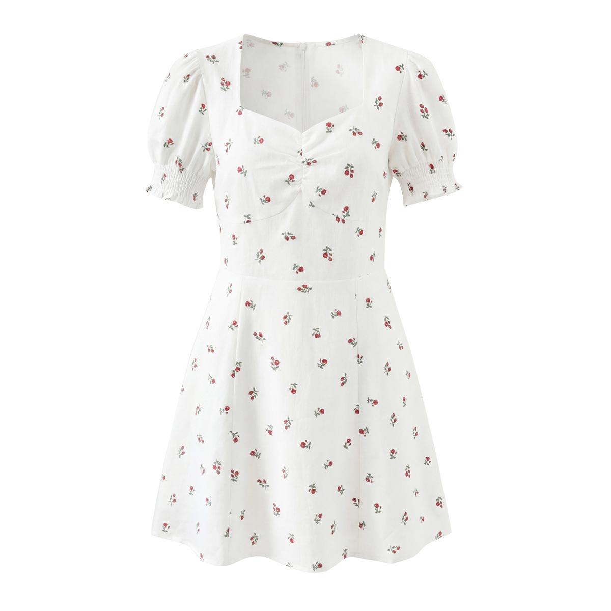 European and American style, new women s clothing, retro small rose-printed square neck and thin bubble sleeve dress. S