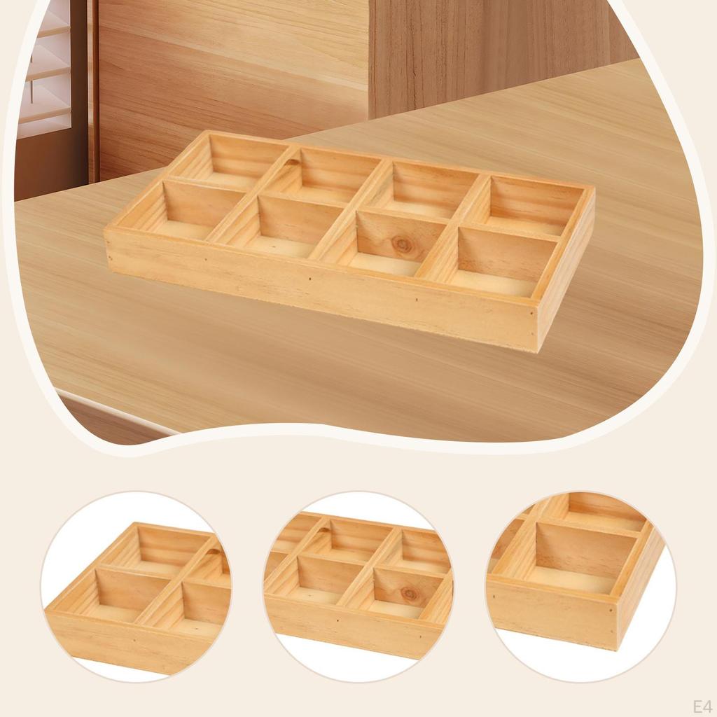 Wooden Divided Storage Box 8 Grid Countertop Organization, Sorting Tray, Organizer for