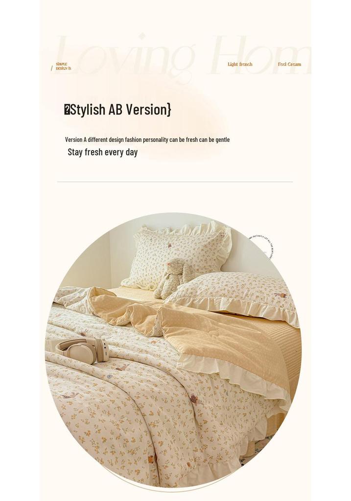 Korean Style Cotton Lace Air Conditioning Quilt - Floral Rabbit Pattern, Machine Washable, Summer Thin and Cool.
