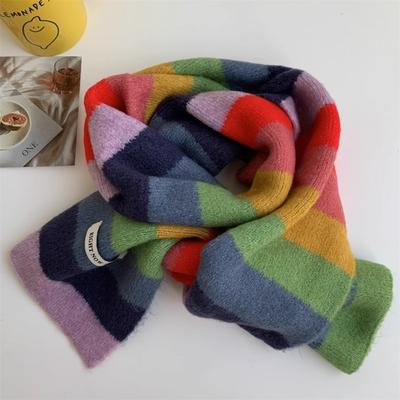 Fashion Narrow Shawl Multicolor Stripe Scarf Rainbow Stripes Windproof Short Scarf Keep Warm Knitted Scarves Winter