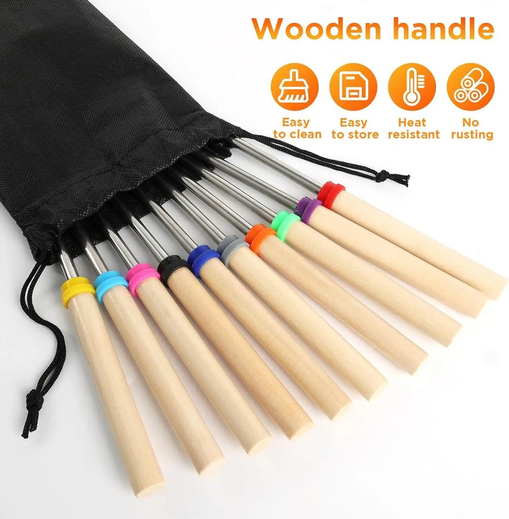 10pcs Telescoping Barbecue Fork Stainless Steel Double Metal Skewers Campfire Hot Dog Roasting Stick Smores Skewer for Camping