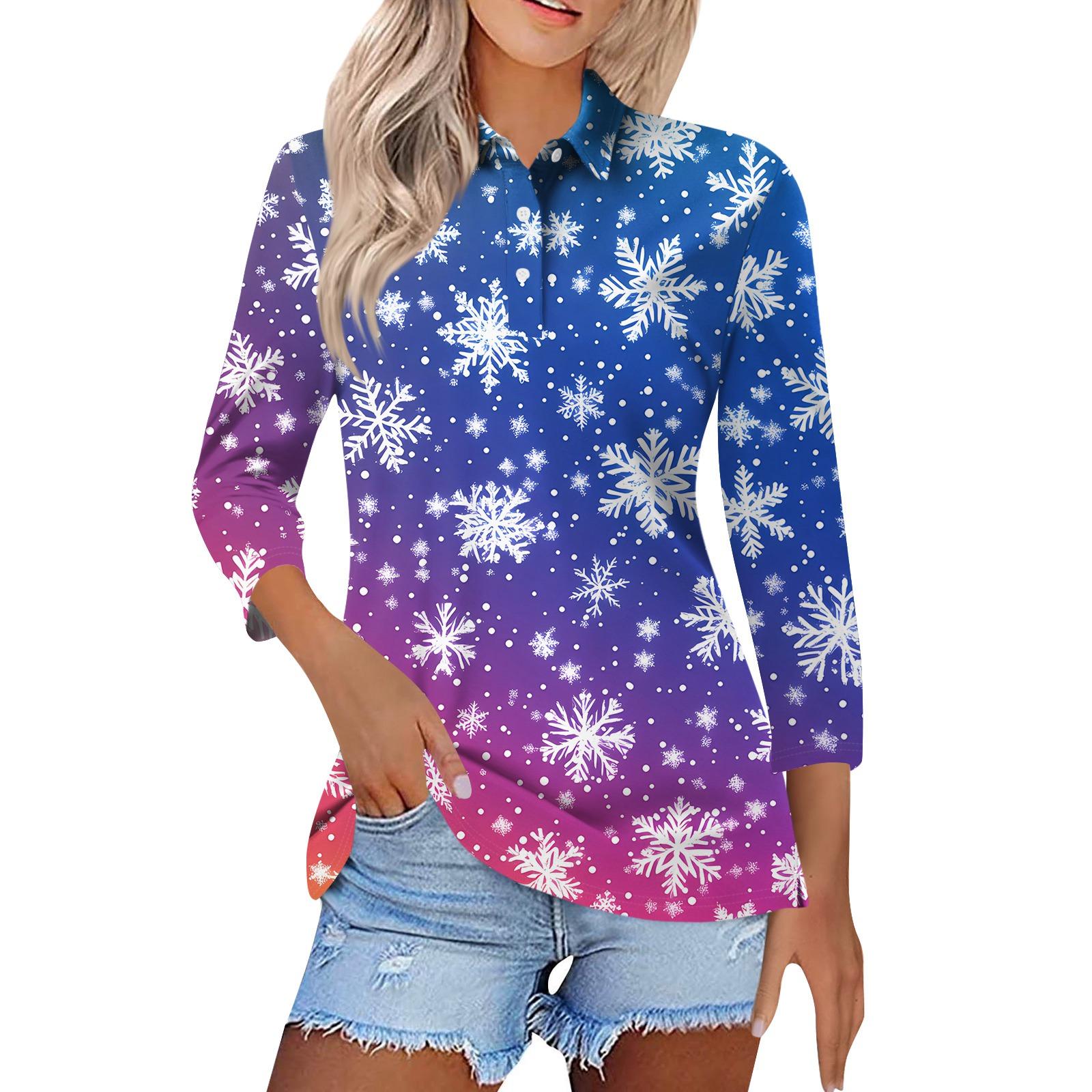 

Женская модная повседневная рубашка с коротким рукавом 4/5 и лацканами, с рождественским принтом, женские топы на пуговицах M синий
