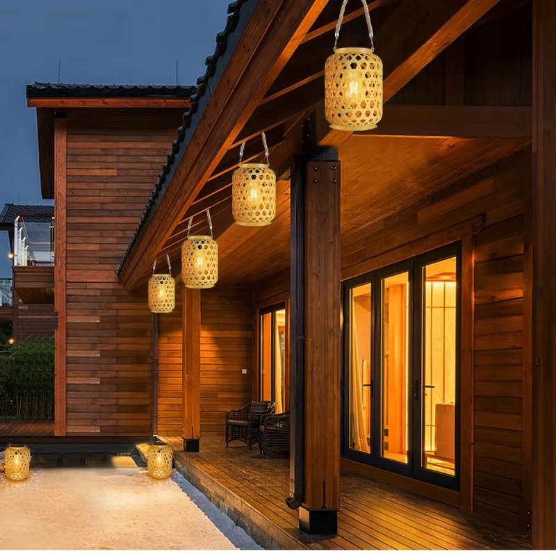 Solar Hanging Lantern Imitation Bamboo Lantern Outdoor Waterproof Plastic Rattan Lantern Courtyard Decoration Garden Light