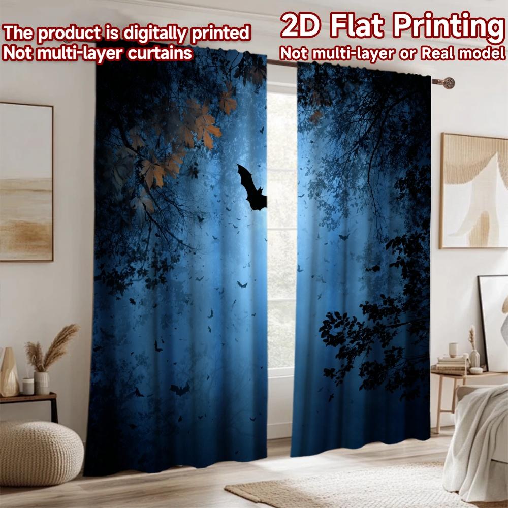 2D Flat Printing 2pcs Scene Curta Bat Forest Moon Night Digital Printed Polyester Drapes Party Decorations Perfect for Indoor