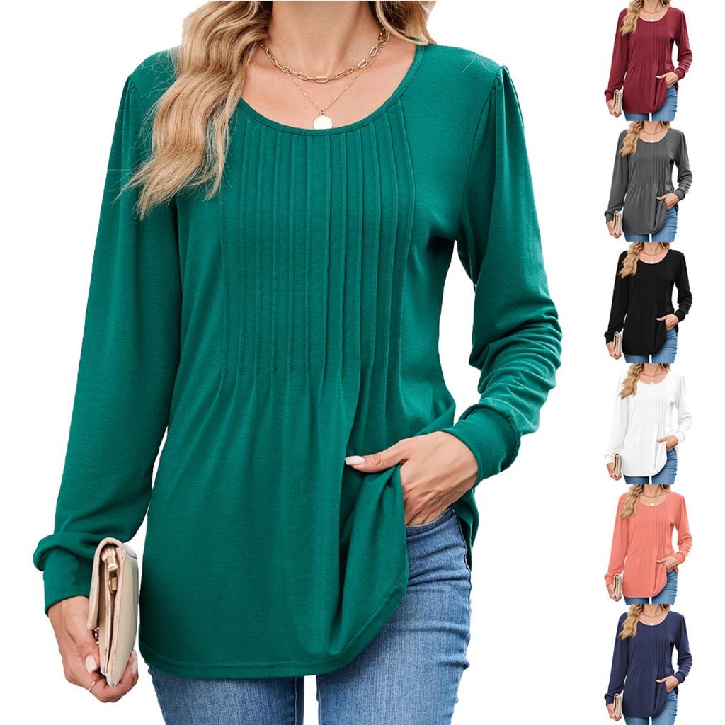 Fall Winter New Women's Solid Color Crew Neck Striped Loose Long Sleeve T-shirt Top, Leisure Leisure Foreign Trade for Europe America