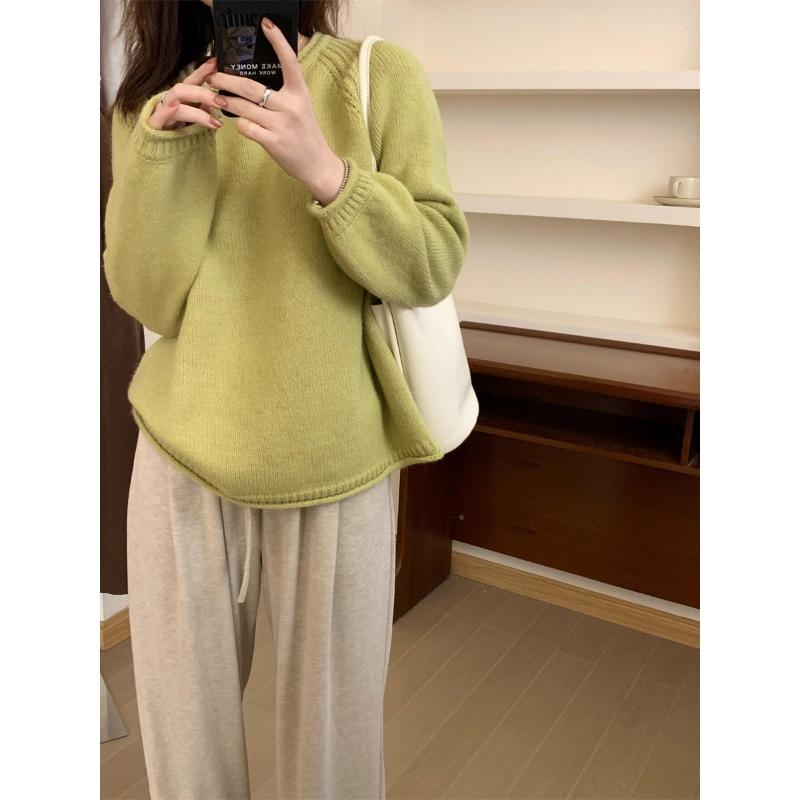 

Женский пуловер простого кроя однотонный с закрученными краями, новая осенняя модель, свободный, в стиле ретро, вязаный, ленивый стиль 061213278 average size [90-65kg] зелёный