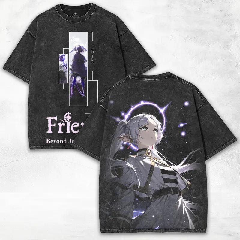 

Frieren Cute Printed Tee Anime Frieren Beyond Journey s End Tshirt Men Women Retro Washed T-shirts Harajuku Loose Cotton T Shirt S чёрный