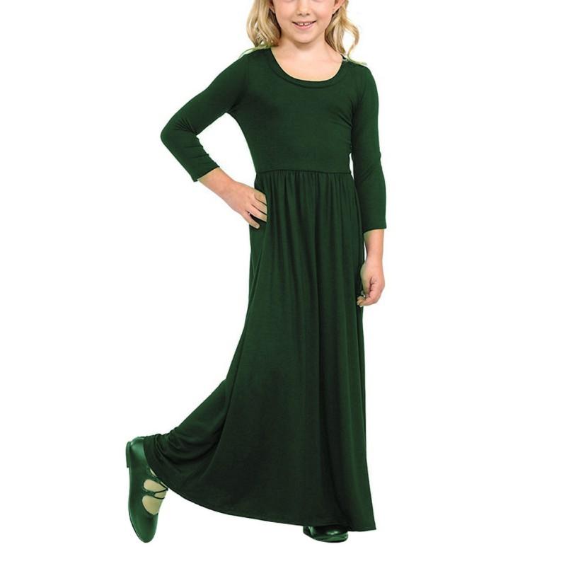 Girls Solid Color Round Neck Long Sleeved Dresses Large Hem Child Long Section Long Dress