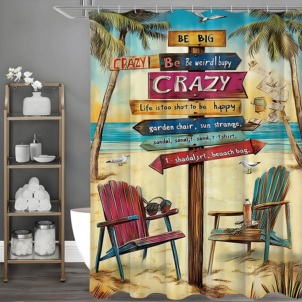 

Мультяшный Океан Вывеска Пляжное Кресло Кокосовая Пальма Занавеска для Душа, Декоративная Занавеска для Душа для Ванной Комнаты, Водонепроницаемая Занавеска для Душа с 90*180cm