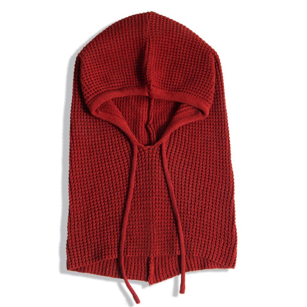 Drawstring Closure Neck Warmer Hat Thick Knit Winter Pullover Hat  For Women Man