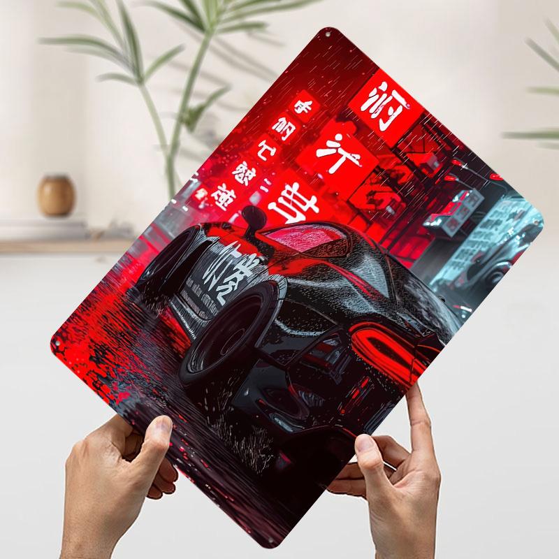 Black Sports Car In Neon Rain Printed Poster Customized Wall Art Retro Vintage Metal Tin Signs for Room Decoration Bedroom House
