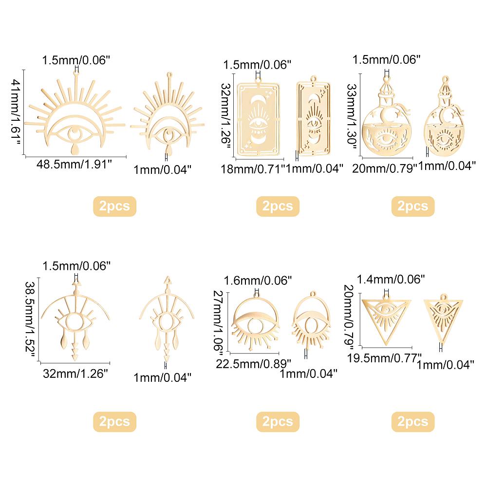 12Pcs 6 Style 201 Stainless Steel Pendants Laser Cut Golden 20~41x18~48.5x1mm Hole: 1.4~1.5mm 2pcs/style