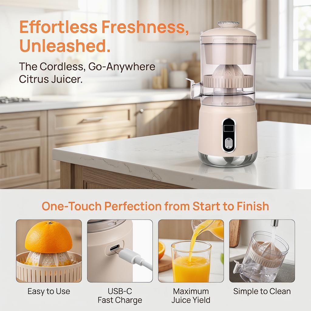 Electric Orange Juicer USB Rechargeable Citrus Juicer Automatic Orange Squeezer Compact for Lemon Lime Grapefruit Pomegranate