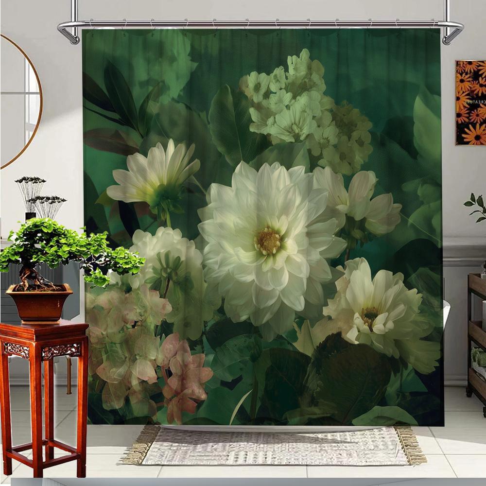 

1 Piece Elegant Floral Shower Curtain-White And Plant Forest Print, Green Leaves, High Quality Polyester Fabric, Shower Curtain W60H190(CM)-1 Pcs