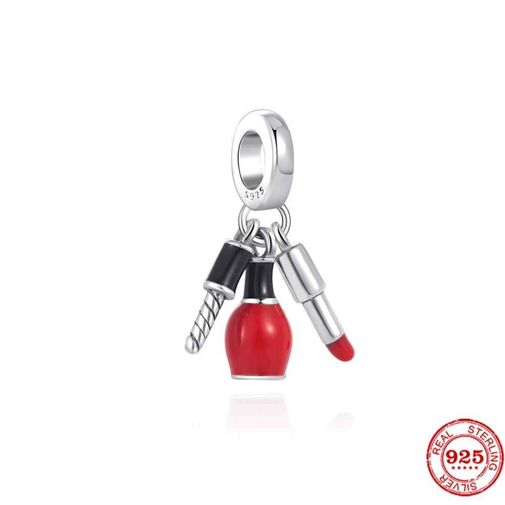 925 Sterlingsilber DIY Schmuck Lippenstift High Heels Liebesherz Hantel Apfel Charm Perle Armband