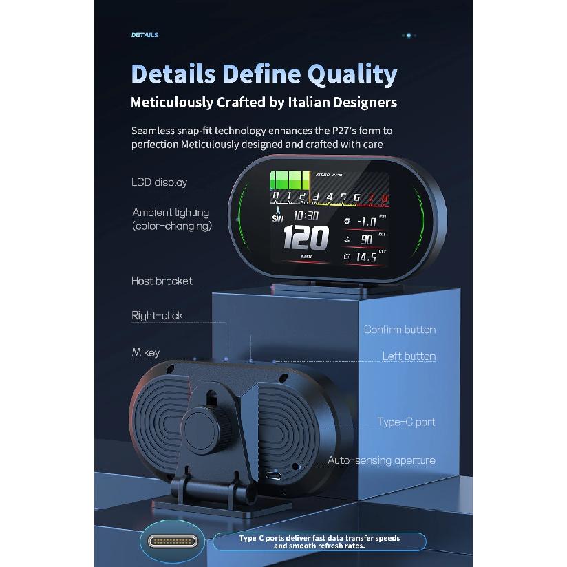 Auto Lcd Cluster OBD2 meter Multi Digital Head Up Display GPS Speed Water Temp Turbo Fuel Consumption Car Accessories HUD P27