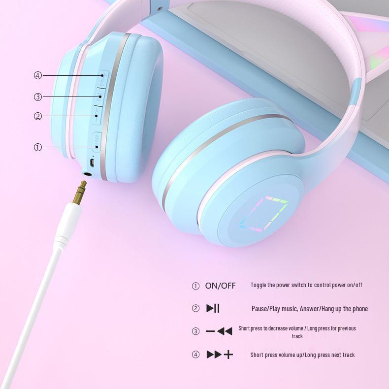 DR57 Luminous Cat Ear Wireless Bluetooth Headset - Long Battery, Gradient Color, Over-Ear Design