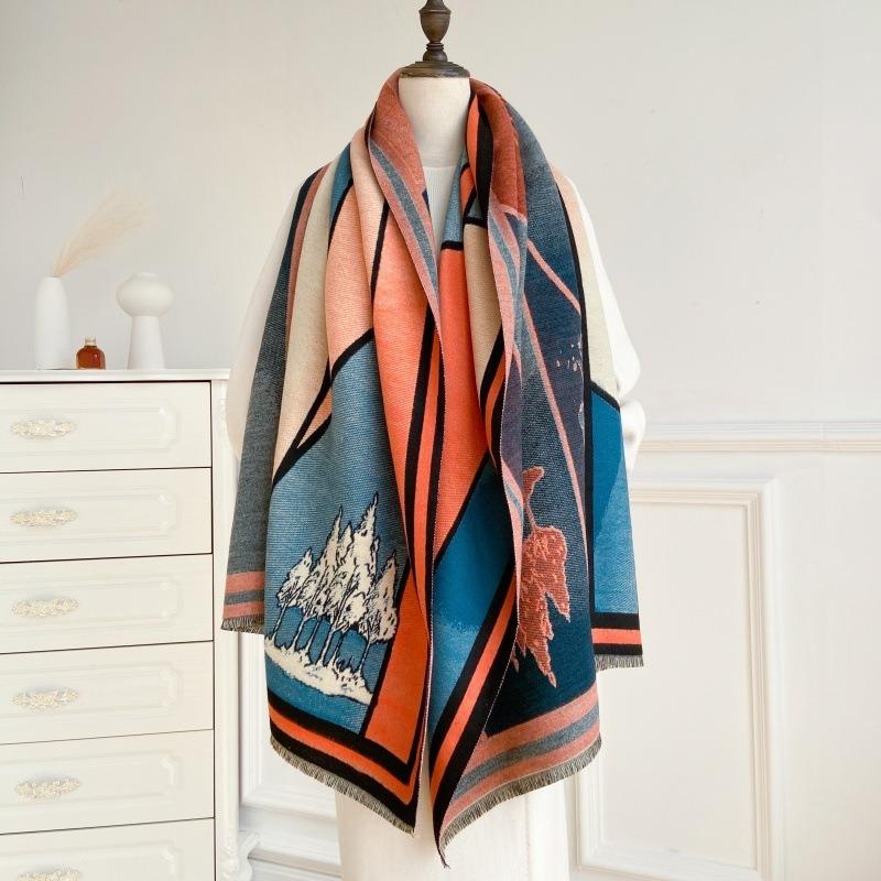 High-end imitation cashmere scarf women's winter warm thickened double-sided long shawl art color matching thick scarf