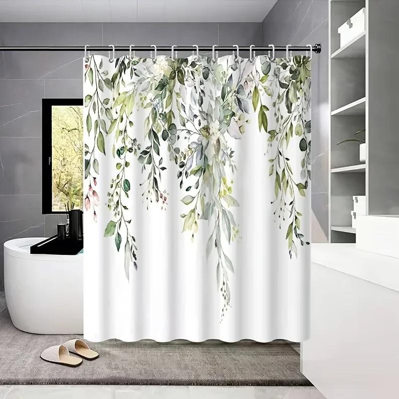 VIKAMA1 piece small fresh eucalyptus leaves digitally printed bathroom shower curtain set perforated strap hook easy to clean