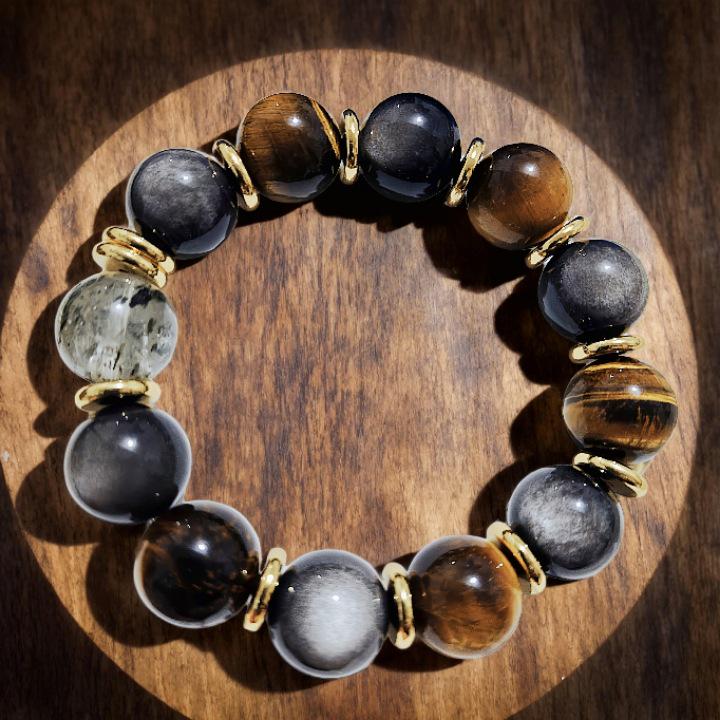 

Мужской браслет из натурального серебристого обсидиана с крупными бусинами - Стильный унисекс аксессуар на запястье