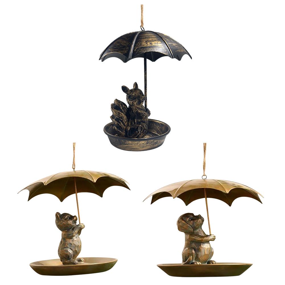 Squirrel/Cat/Dog Metal Bird Feeders Animal Holding Umbrella Bird Feeder Set Hanging Bird Feeder Dish for Yard Patio Landscape