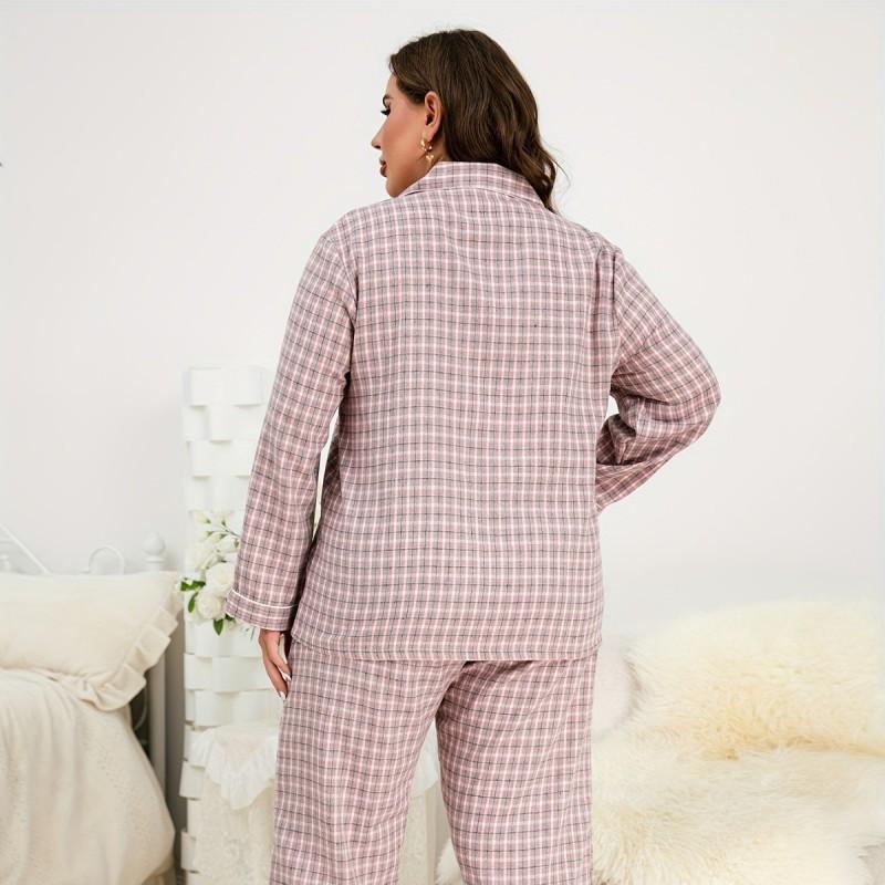 Womens Oversized Plaid Pajama Set Long Sleeve Loose Fit Cotton Sleepwear Home Casual Wear