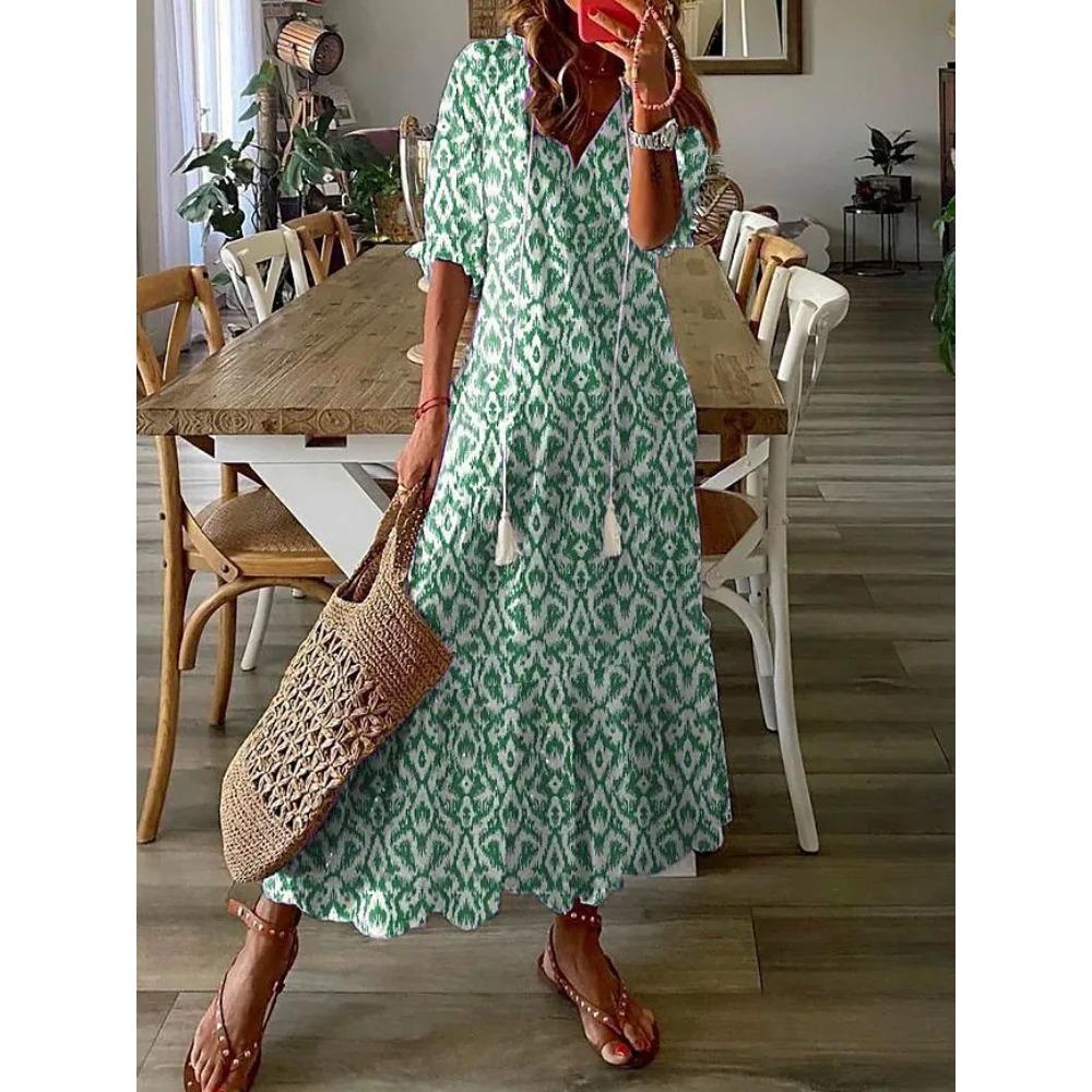 Women's V Neck Floral Print Short Sleeve Tassel Tie Loose Fit Maxi A-Line Dress