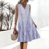 Plus Size V Neck Sleeveless Dress Green Valley Waterfall Painting Print For Country Hiking Journey