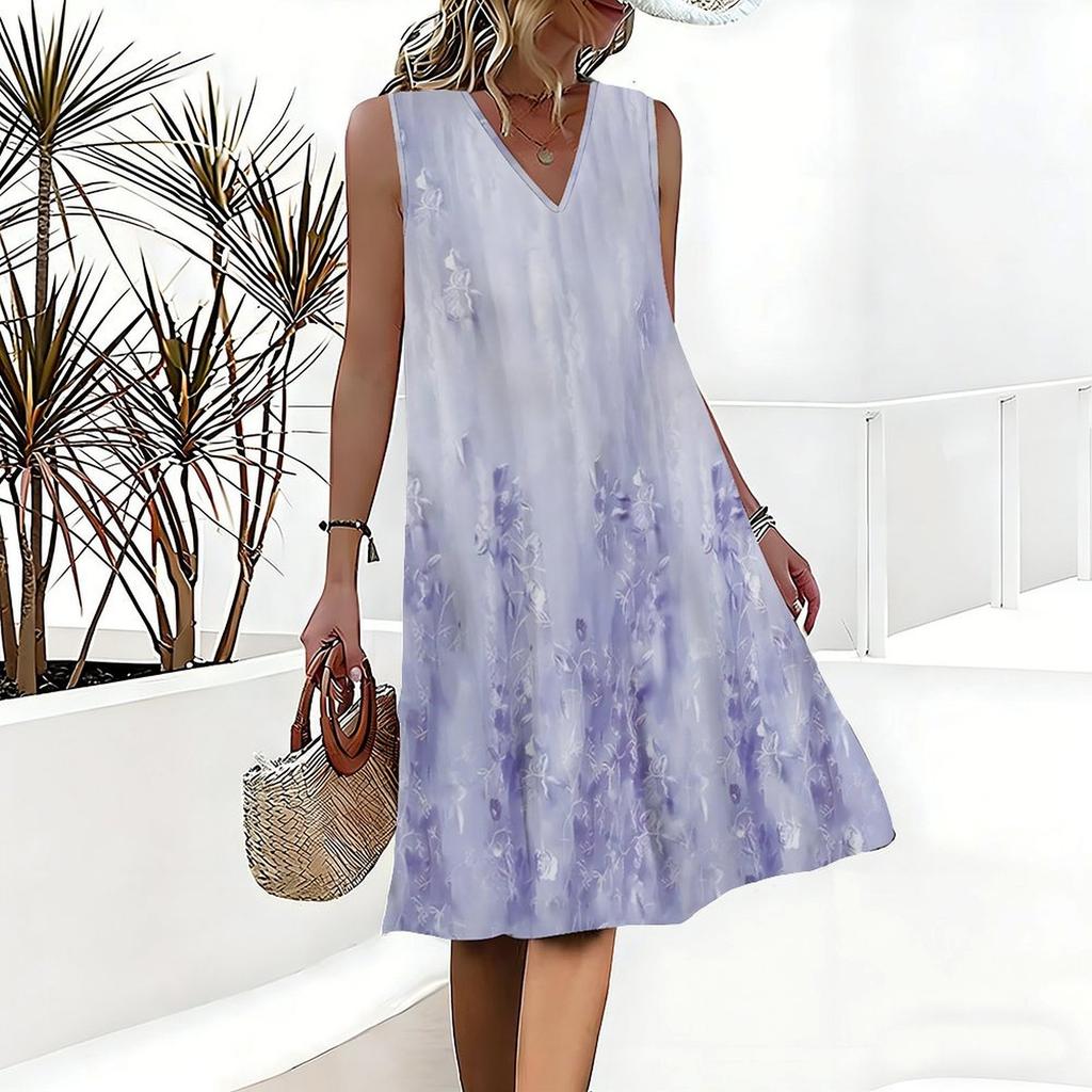 Plus Size V Neck Sleeveless Dress Green Valley Waterfall Painting Print For Country Hiking Journey