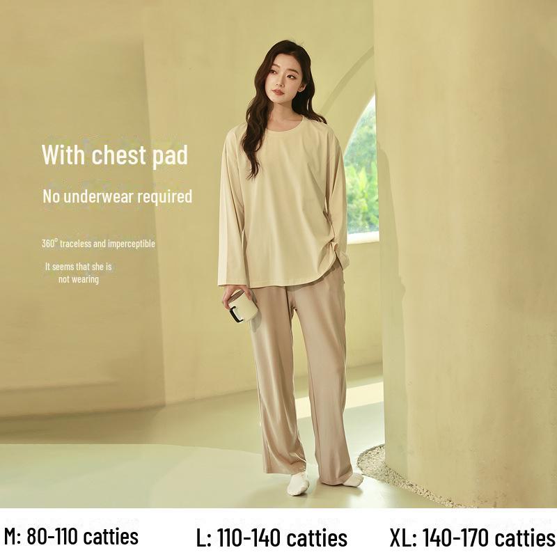 Women's Pure Cotton Long-Sleeve Pajama Set with Chest Pads - Large Size, Spring/Autumn 2025