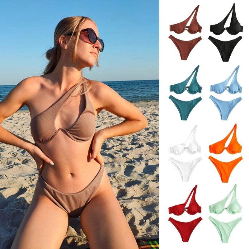 1Set Bikini Women's Solid-color One-shoulder  Tobikini Swimsuit