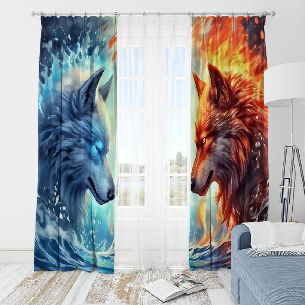 2pcs- Ice and Fire Wolf Head Polyester Curtains, Pole Bag Curtains 42 * 84, Bedroom, Living Room, Home Room Decoration