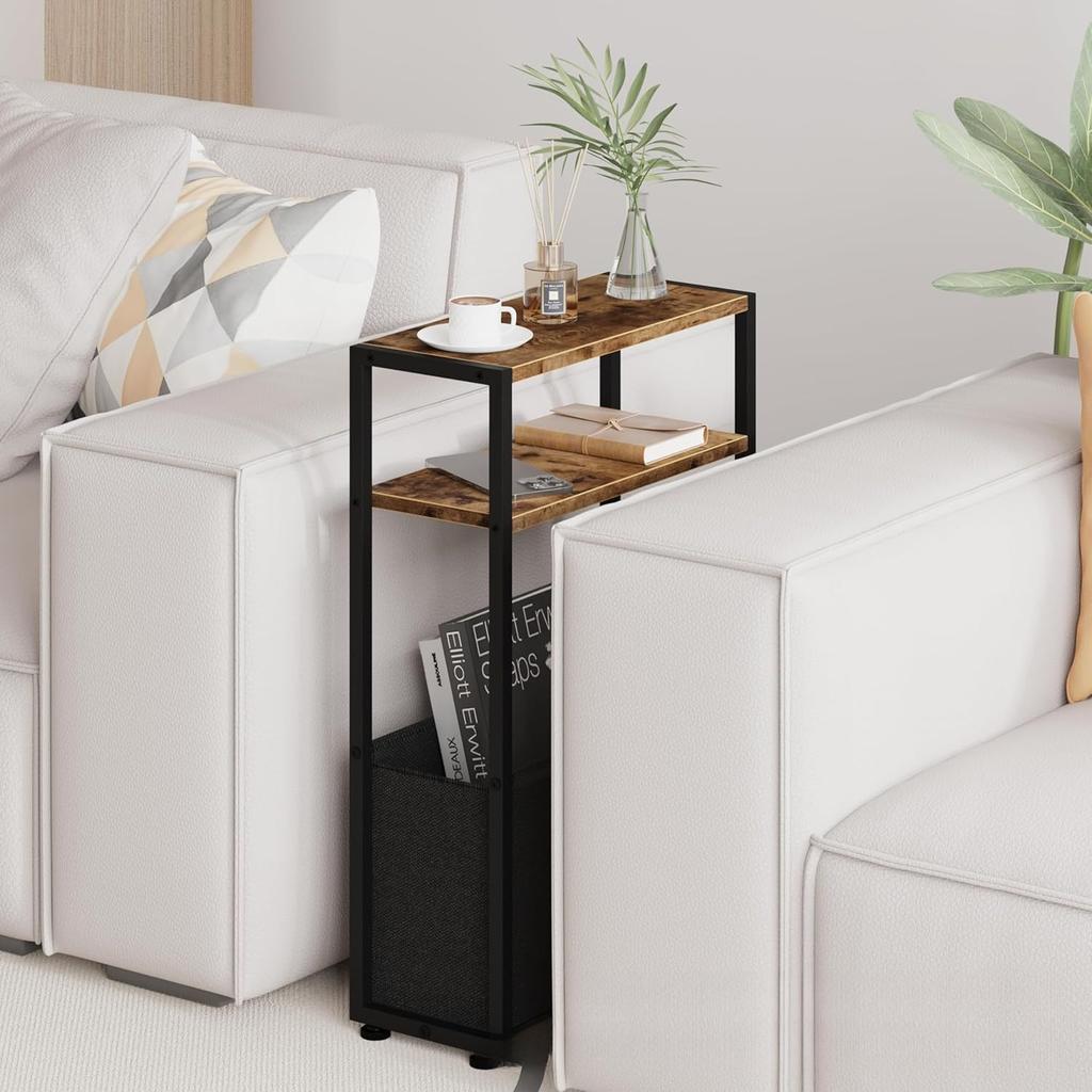 Iron Wood Combination Movable Sofa with Narrow Edge Table and Storage Basket, Simple Small Space Living Room Corner Table
