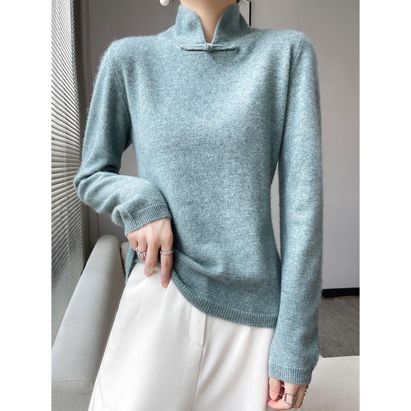 Chinese Retro Knitted High-Neck Cashmere Wool Sweater with Frog Buttons for Women