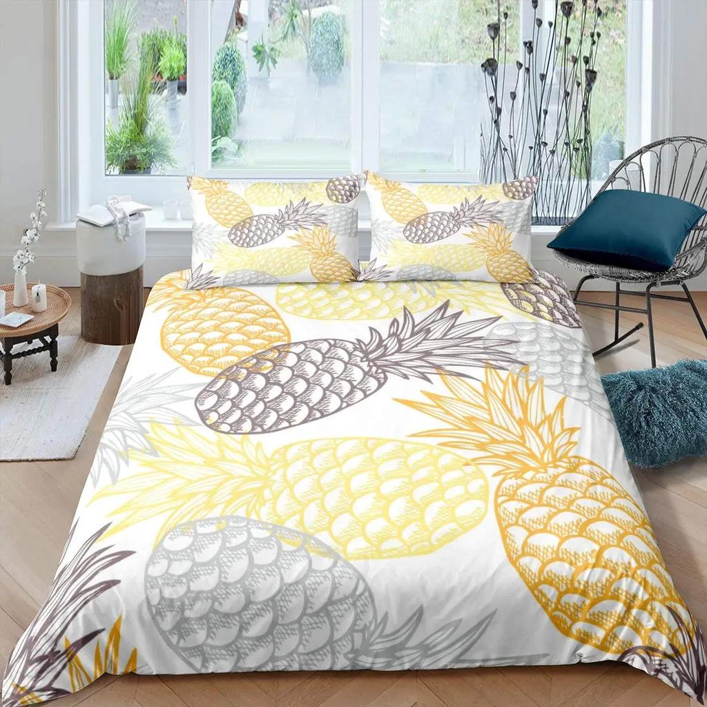 Ananas Bettbezug Set King Size Gelb Geometrisches Ananas Bettwäsche Set Seaside Strand Thema Frucht Bedruckte Bettdecke