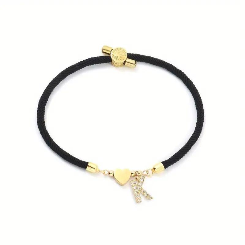 Classic A-Z Initial Heart Bracelet with Zircon on Adjustable Black Cord