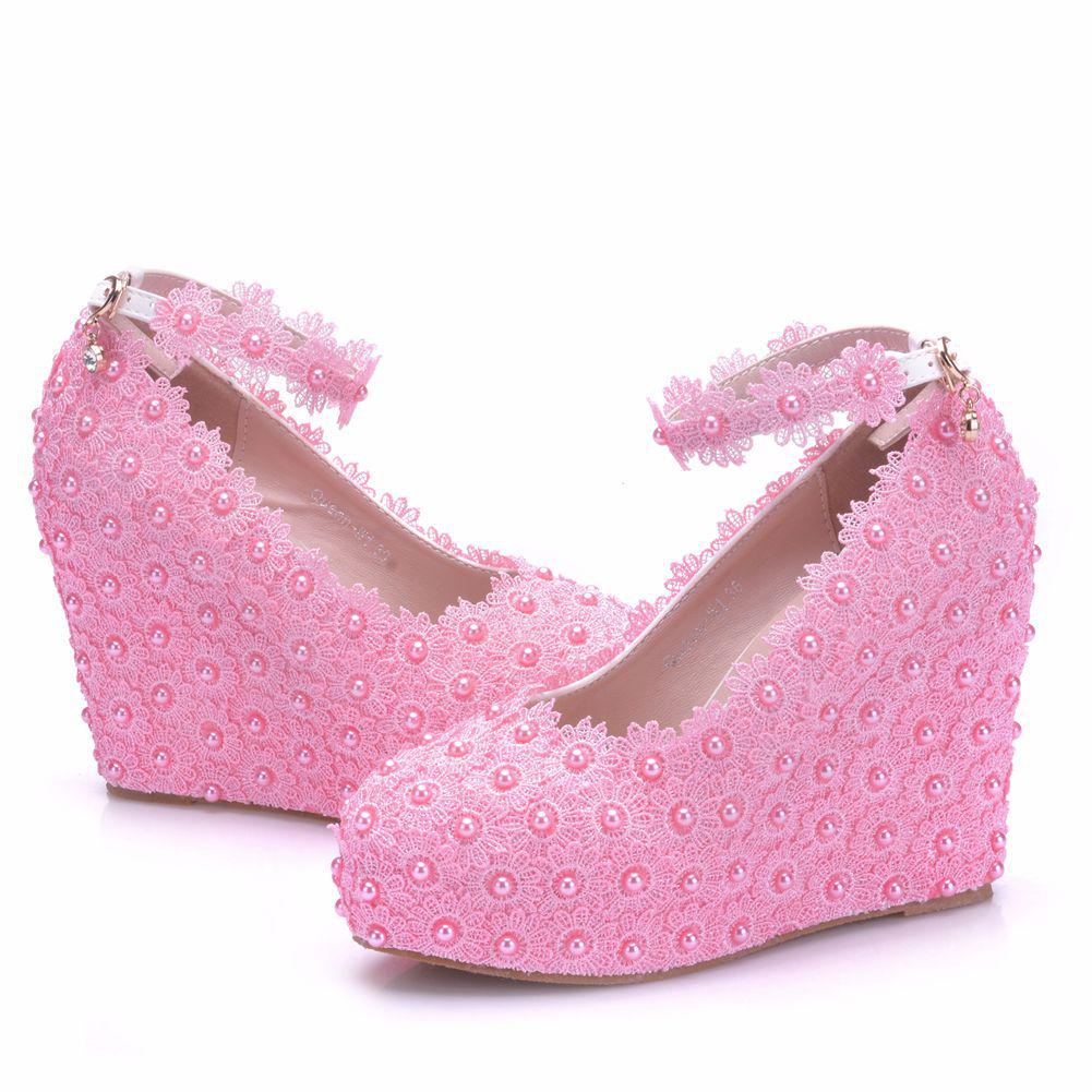 Białe koronkowe buty ślubne Koturny Buty z paskiem Jednowierszowym Buty na koturnie Wodoodporne Platforma Buty w dużych rozmiarach dla kobiet