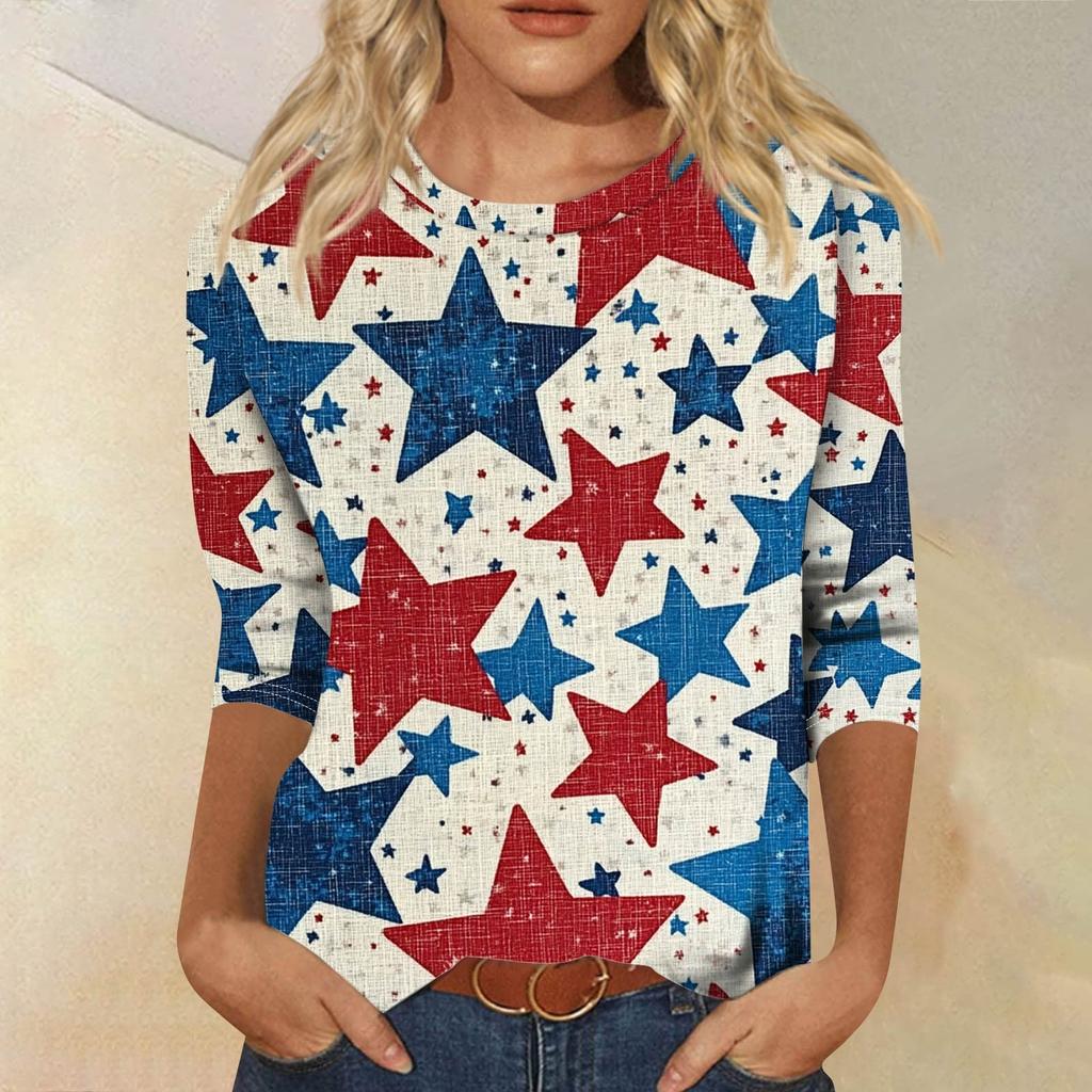Women's Fashion Casual Seven Sleeve Independence Day Printed Round Neck T-Shirt Top