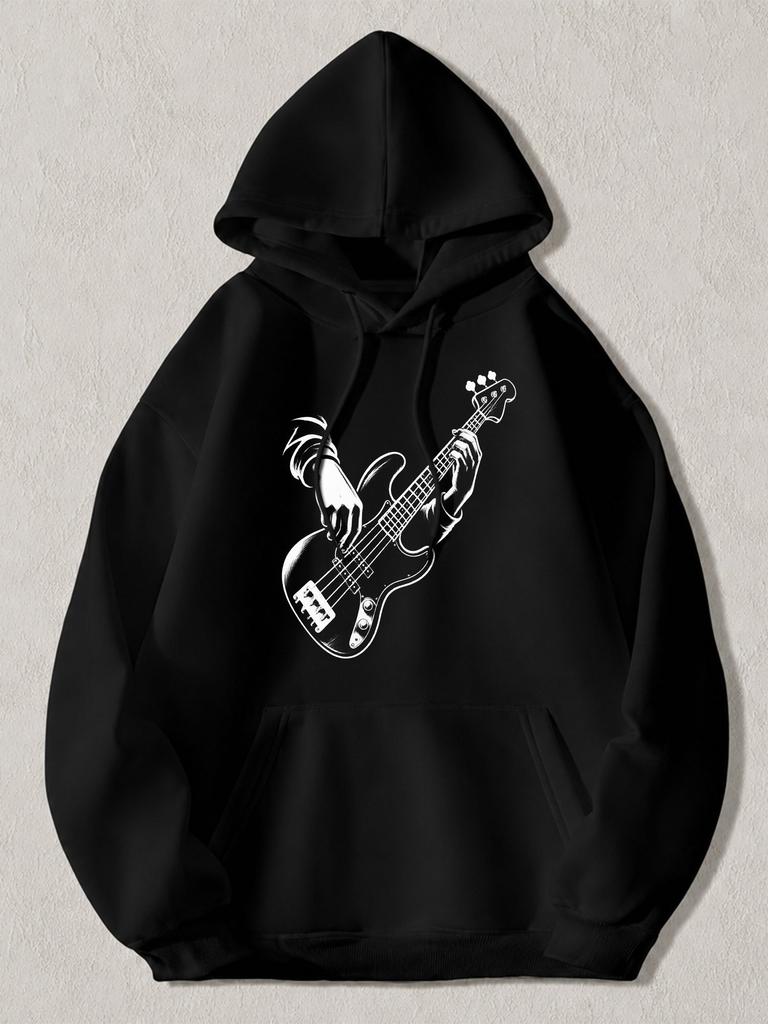 Black Pullover Hoodie with White Bass Guitar Graphic Print Long Sleeve Sweatshirt with Kangaroo Pocket and Drawstring Hood Casual