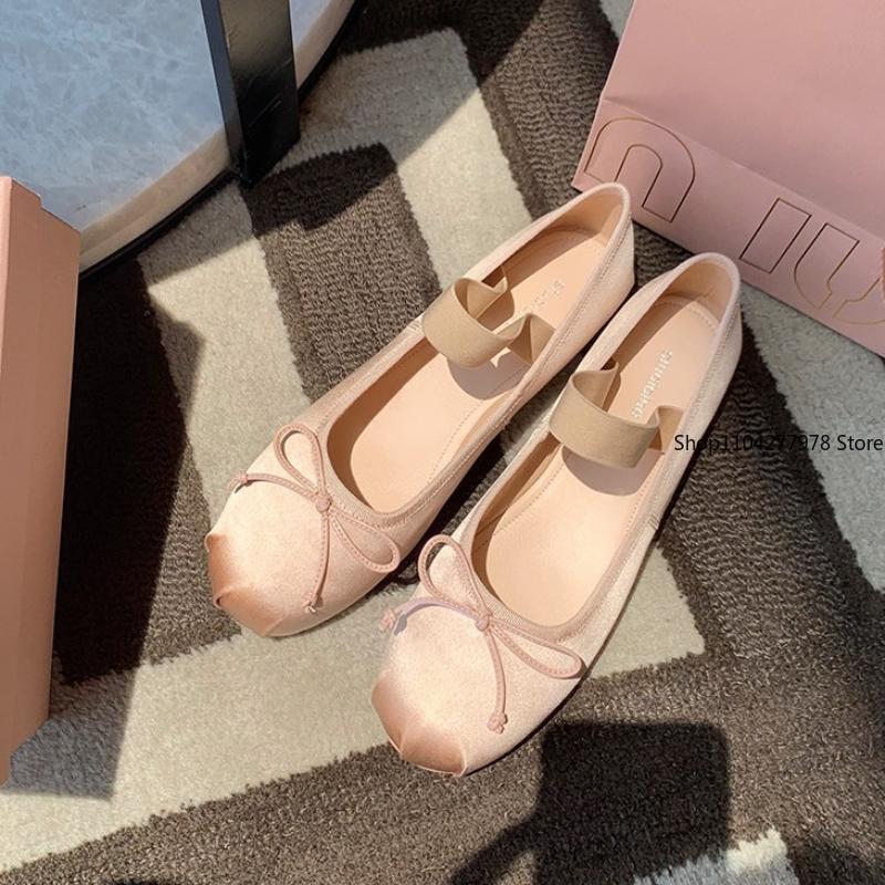 Fashion Plus Size 43 42 Luxury Satin Silk Ballet Shoes Woman Classic Square Toe Bowtie Elastic Band Ballerina Flats Ladies Soft Loafers