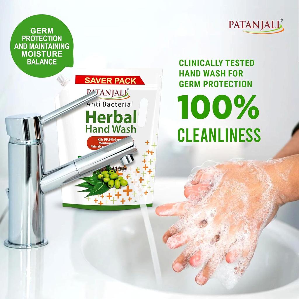 Patanjali Herbal Hand Wash Anti-Bacterial 1.5 L Refill Family Pack Gentle Moisturizing Hand Soap