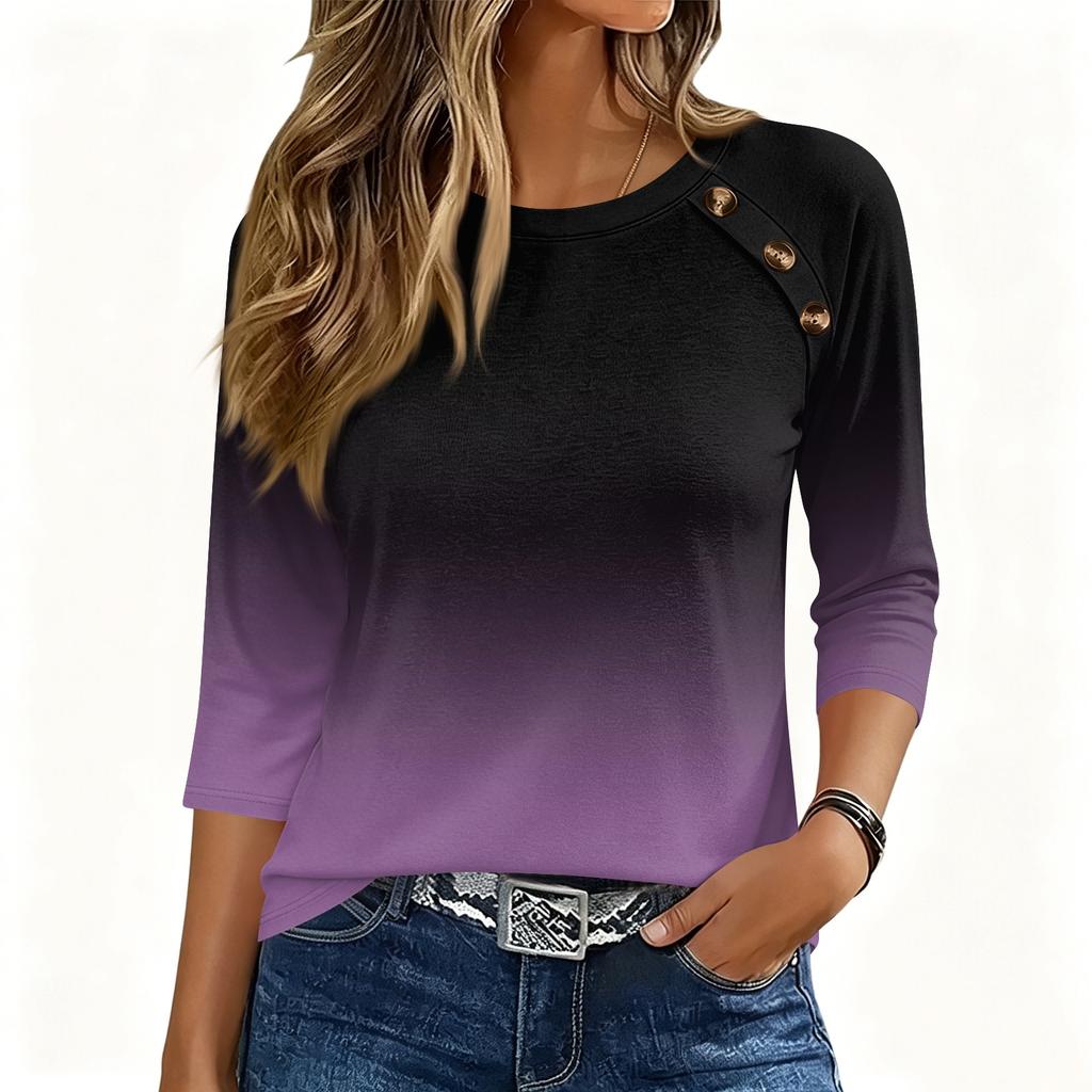 Women's 3/4 Sleeve Crew Neck Button Gradient Print Top Casual Loose Fit Pullover Shirt for Everyday Wear