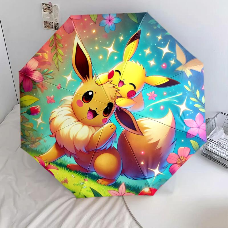 Pikachu and Eevee  pattern, automatic folding umbrella, portable and foldable design, 8 ribs, a Christmas or birthday gift.
