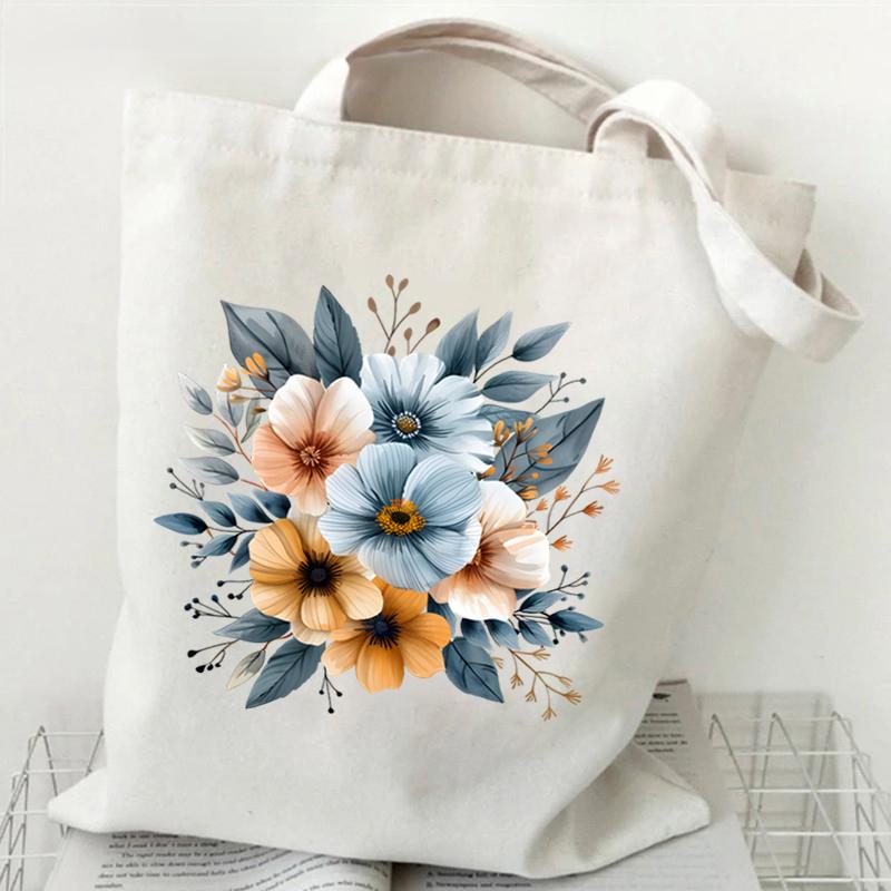 Elegant Wildflowers Aesthetic Canvas Handbag Reusable Floral Shopping Tote Bag for Women